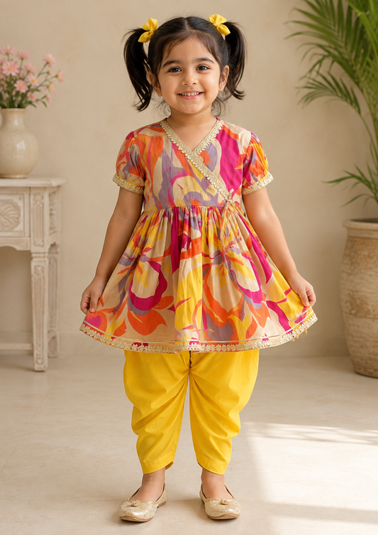 Multicolor Abstract Pure Cotton Kurta Yellow Dhoti Pant Set