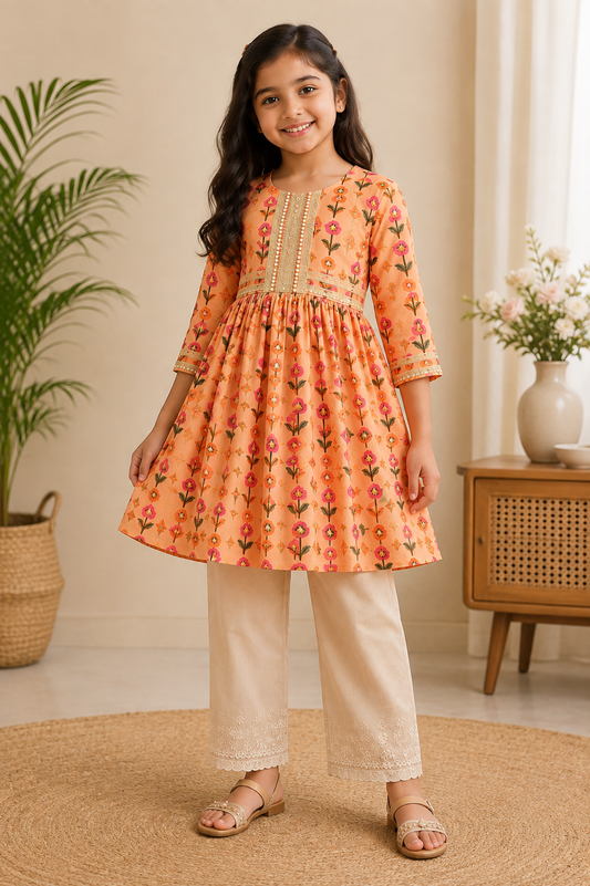 Peach Floral Kurta Beige Embroidered Pant Set