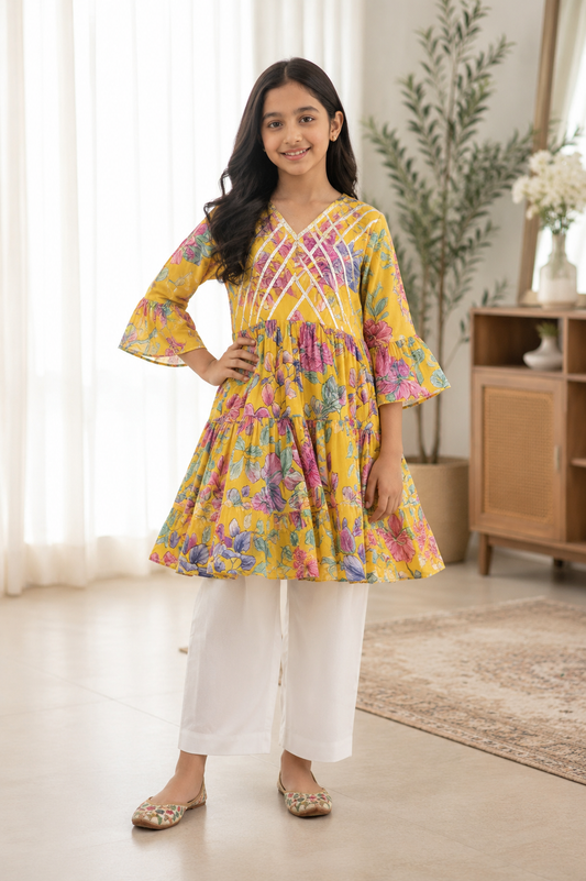 Yellow Floral Pure Cotton A-Line Kurta White Pant Set