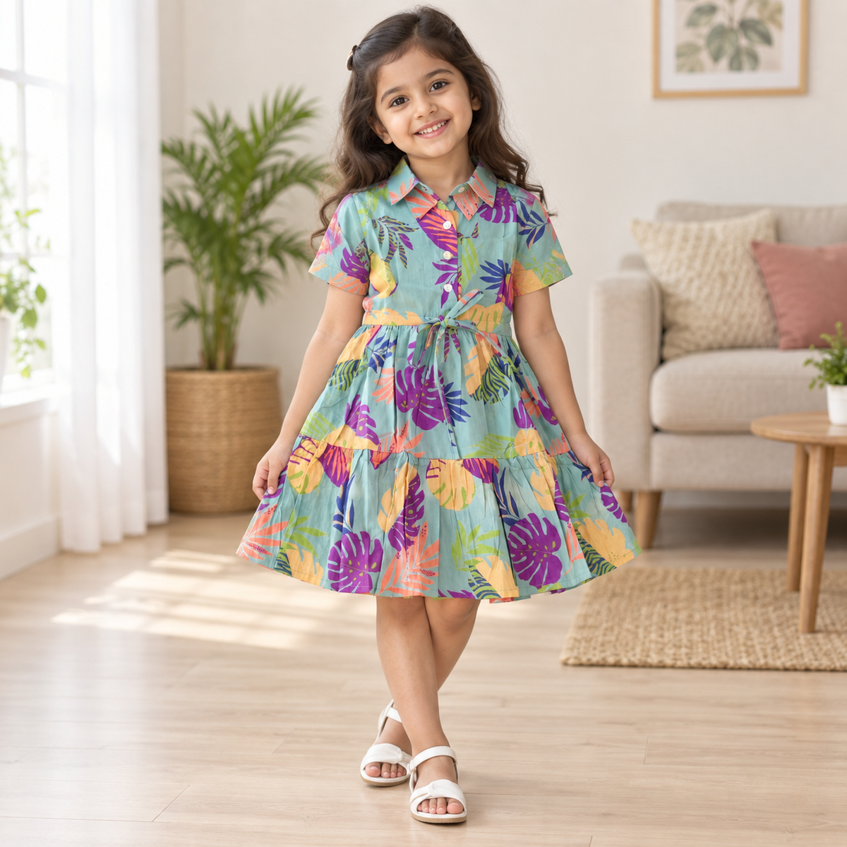 Girls Aqua Tropical Leaf Tiered Shirt Dress
