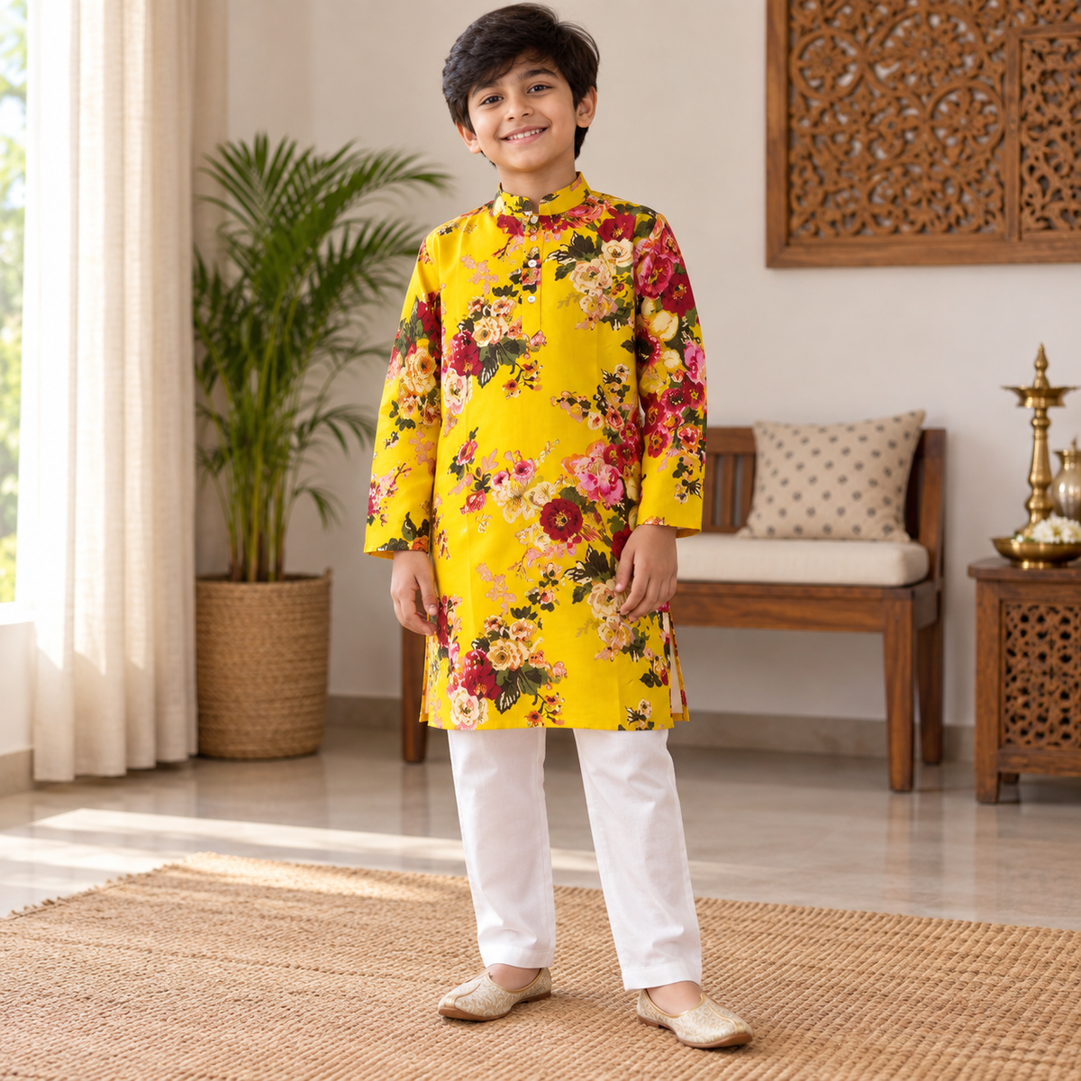 Boys Sunshine Yellow Floral Kurta White Pant Set