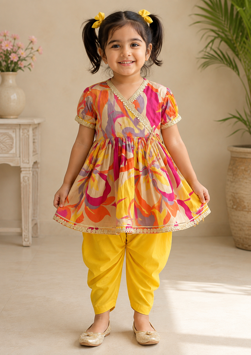 Multicolor Abstract Pure Cotton Kurta Yellow Dhoti Pant Set