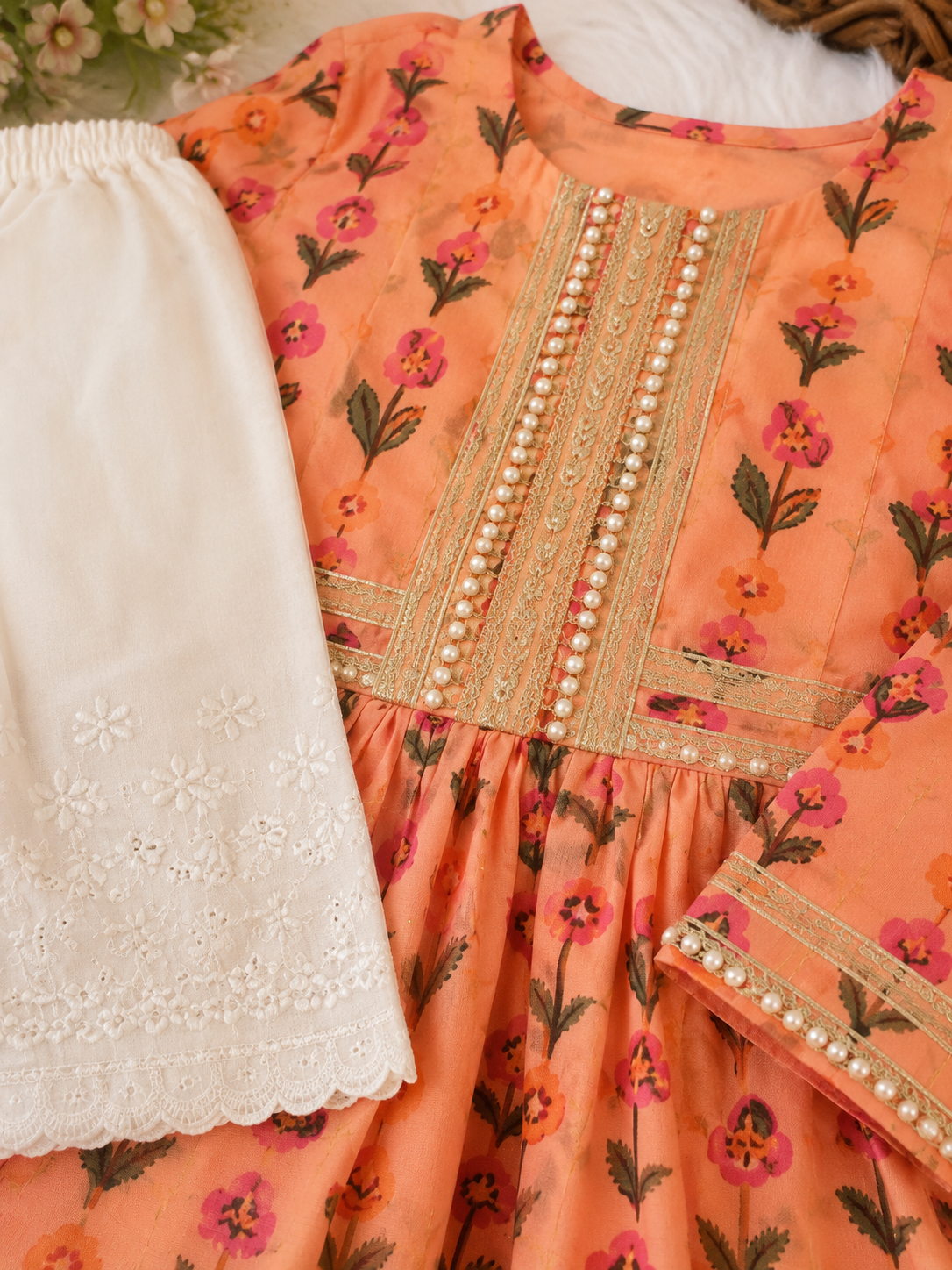 Peach Floral Kurta Beige Embroidered Pant Set