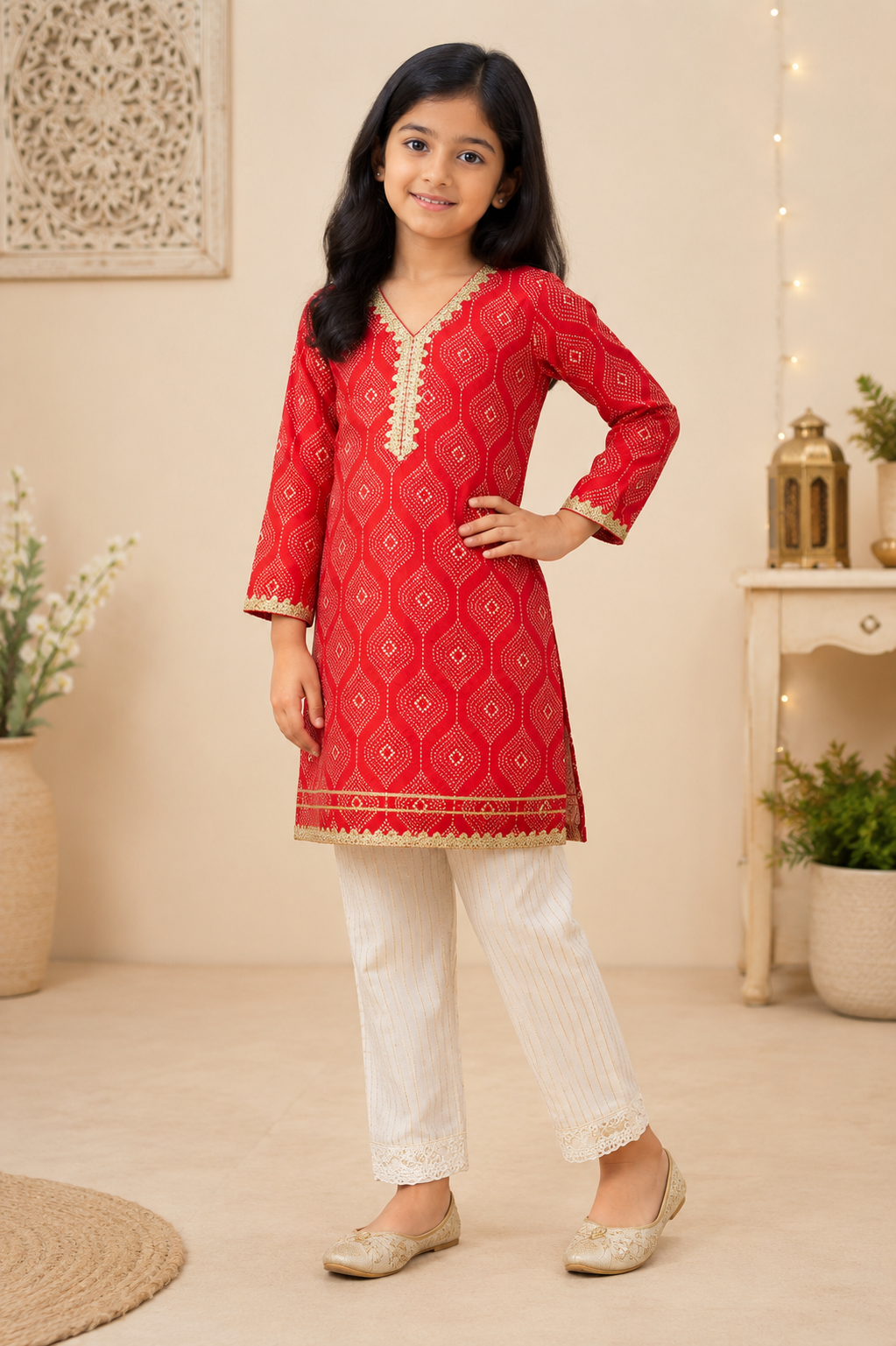 Red Bandhani Print Pure Muslin Kurta Cotton Pant Set