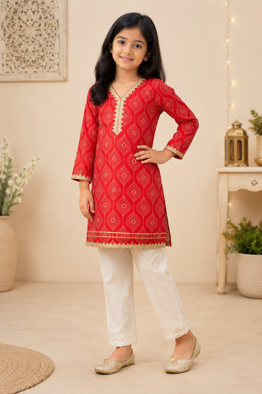 Red Bandhani Print Pure Muslin Kurta Cotton Pant Set