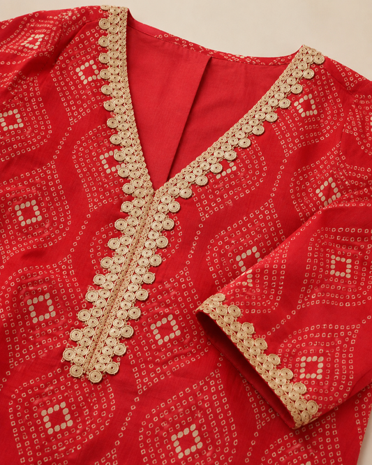 Red Bandhani Print Pure Muslin Kurta Cotton Pant Set
