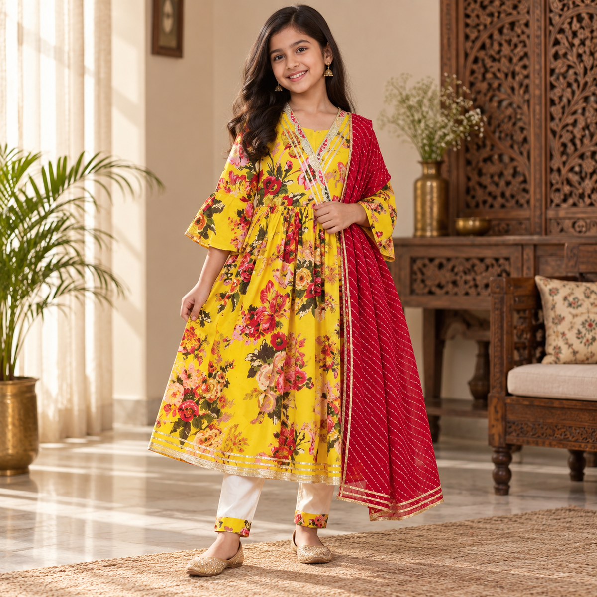 Girls Sunshine Yellow Floral Anarkali Three-Piece Set