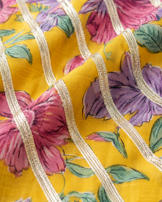 Yellow Floral Pure Cotton A-Line Kurta White Pant Set